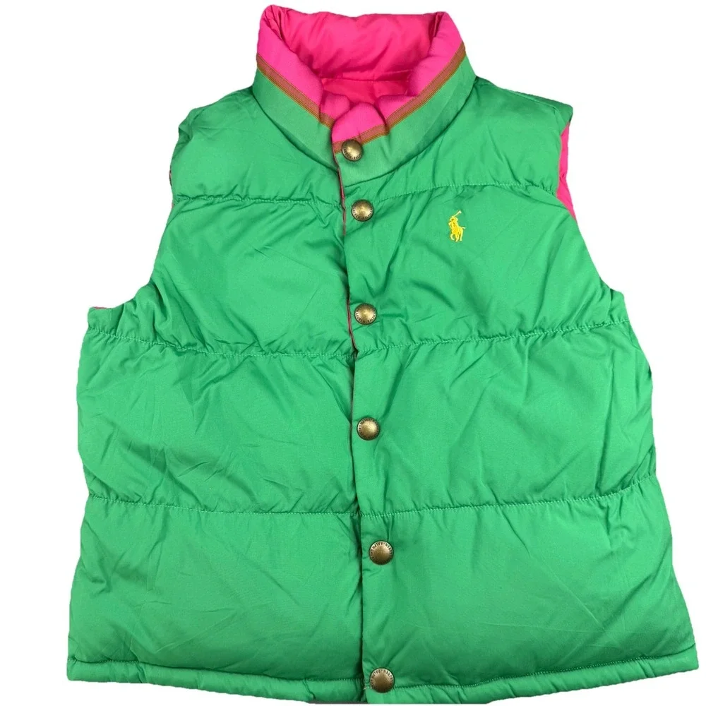 Ralph Lauren Girls Equestrian Down Filled Reversible Puffer Vest‎ Pink/Green 16